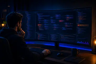 Illustration d'un développeur qui, devant son écran, analyse son projet de code pour en faire un audit de code.