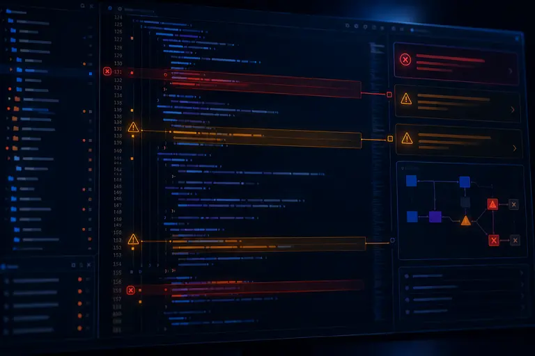 Un éditeur de code affichant des warnings et des erreurs sur un projet de code qui présente une duplication de logique métier.