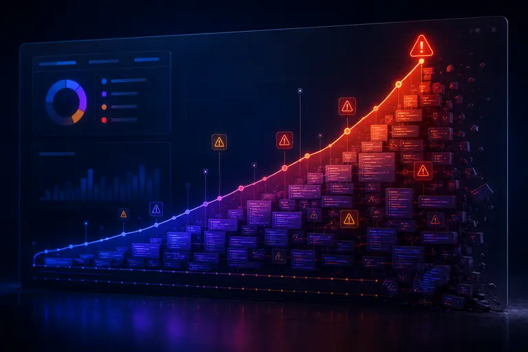 Représentation sous forme de graphique d'une dette technique qui s'accumule à cause de dépendances utilisées sans stratégie dans un projet de code.