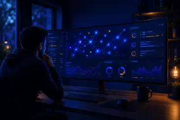 Illustration d'un développeur qui, devant son écran, analyse un site web avec des outils d'inspection et de diagnostic.