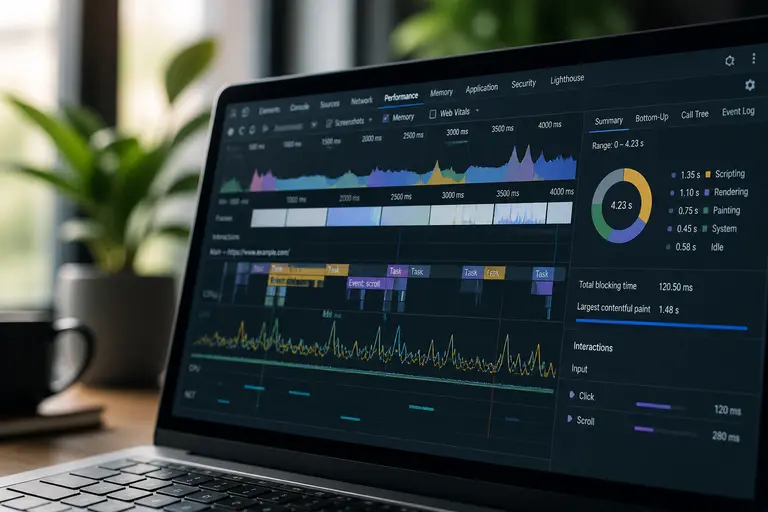 Un écran d'ordinateur portable montrant la console d'outils développeur de Chrome avec l'onglet Performance ouvert, affichant une analyse de performance d'un site web.