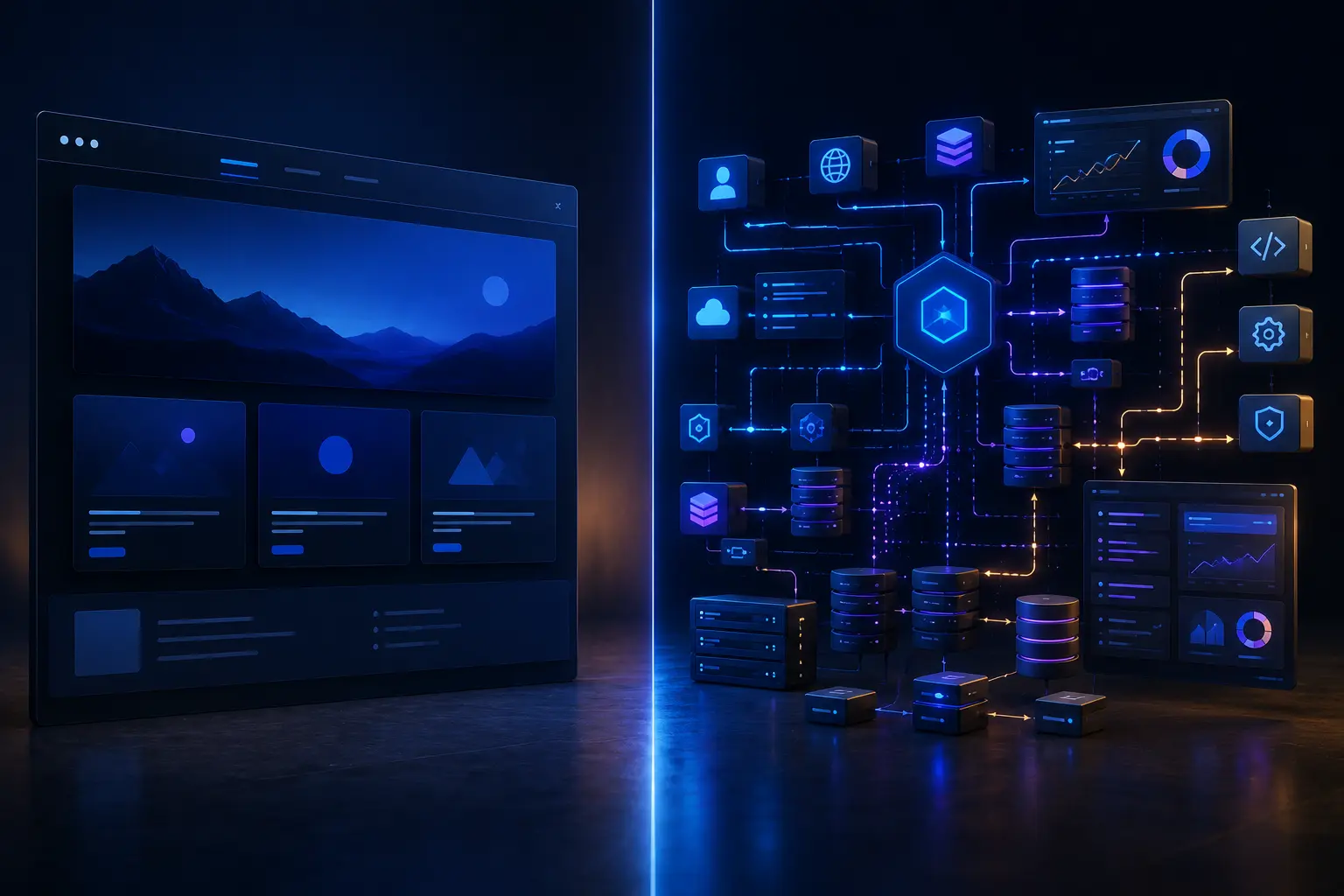 Illustration d'un site web sous ses deux aspects: d'un côté, l'interface utilisateur rapide et fluide, de l'autre, une architecture technique complexe avec des composants React et des optimisations SEO.