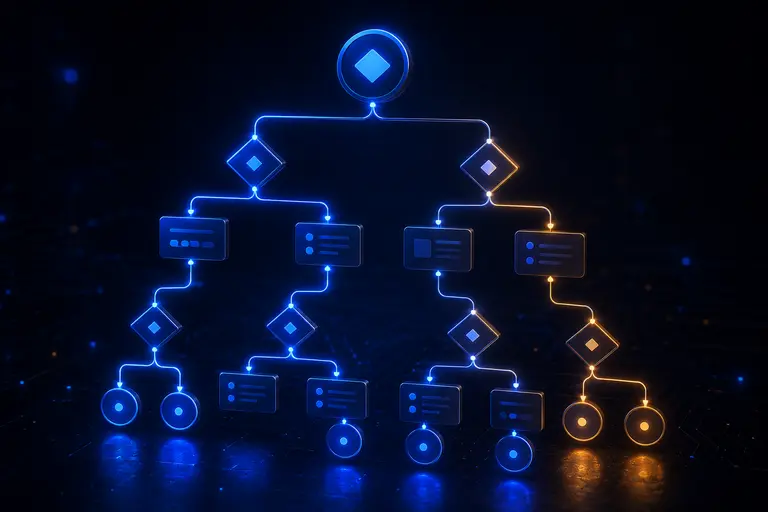 Schéma d'un arbre de décision pour choisir entre Next.js et un CMS classique, avec des critères tels que SEO, performance, interactivité, autonomie éditoriale et trajectoire du projet.