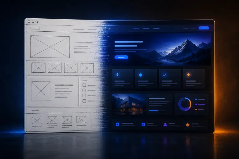 Illustration d’un wireframe d’interface utilisateur pour une refonte de site web, montrant une structure claire avec des titres, des sections et des éléments de navigation bien organisés.