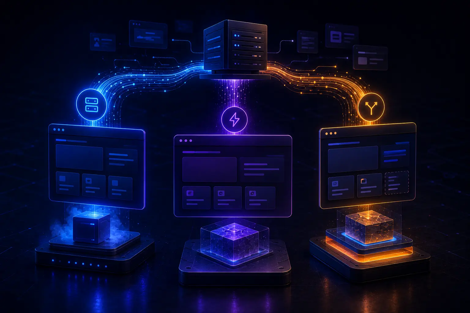 Illustration abstraite du potentiel de Next.js pour optimiser la performance et le SEO grâce à ses différentes stratégies de rendu.